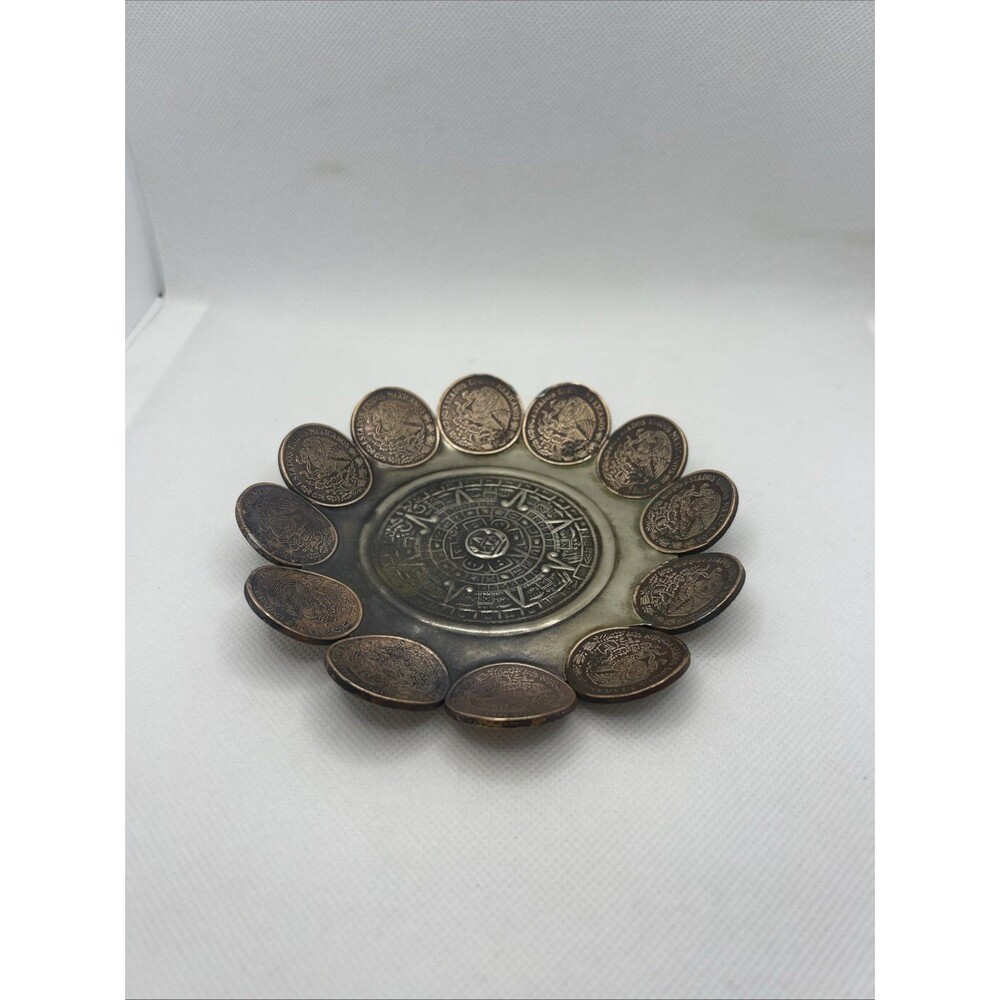 Mexican Aztec Calendar Coin Trinket Tray 1973 Beautiful Piece Of Art Vintage